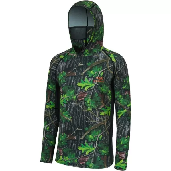 BASSDASH UPF 50 Mens Hunting Shirts with Mask Long Sleeve Camo Fishing HoodieGreen Leaf