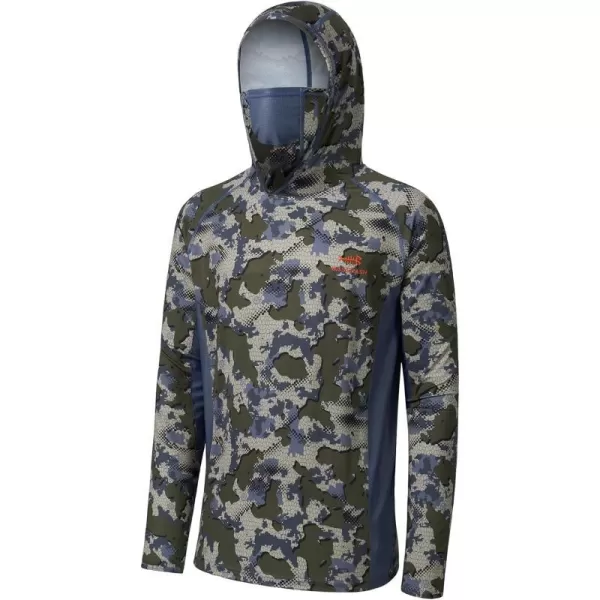 BASSDASH UPF 50 Mens Hunting Shirts with Mask Long Sleeve Camo Fishing HoodieGreen Vegetation Camo With Ash Blue Mesh