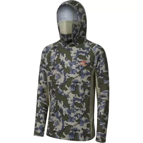 BASSDASH UPF 50 Mens Hunting Shirts with Mask Long Sleeve Camo Fishing HoodieGreen Vegetation Camo With Light Fawn Mesh