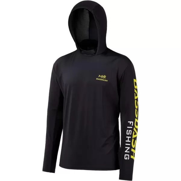 BASSDASH UPF 50 Mens UV Sun Protection Long Sleeve Performance Fishing Hoodie Hooded ShirtsBlackYellow Logo