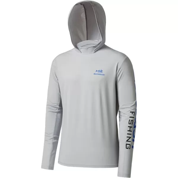 BASSDASH UPF 50 Mens UV Sun Protection Long Sleeve Performance Fishing Hoodie Hooded ShirtsCool GreyVivid Blue Logo