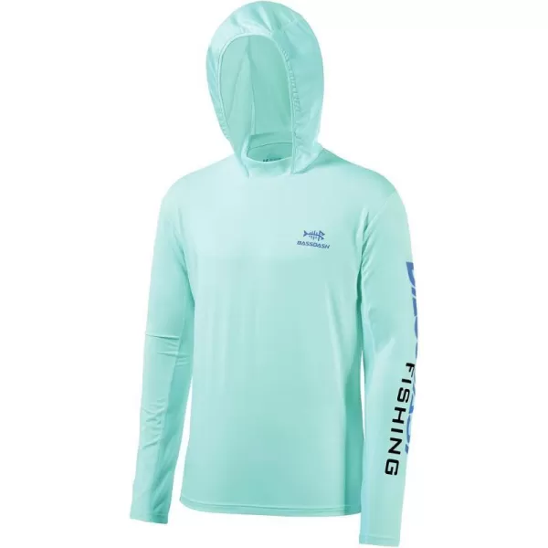 BASSDASH UPF 50 Mens UV Sun Protection Long Sleeve Performance Fishing Hoodie Hooded ShirtsSeafoamVivid Blue Logo