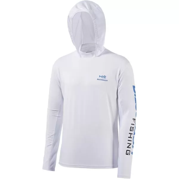 BASSDASH UPF 50 Mens UV Sun Protection Long Sleeve Performance Fishing Hoodie Hooded ShirtsWhiteVivid Blue Logo