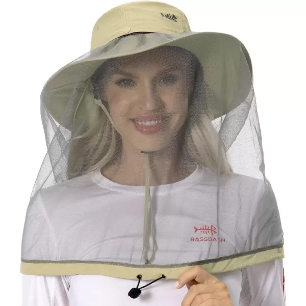 BASSDASH UPF 50 Mosquito Sun Hat with Hidden Head Net and Neck Flap for Men Women Outdoor Fishing Hiking CampingKhaki