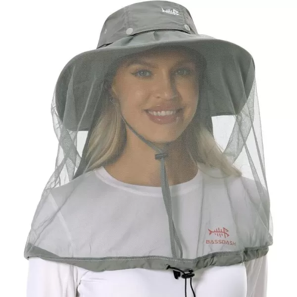 BASSDASH UPF 50 Mosquito Sun Hat with Hidden Head Net and Neck Flap for Men Women Outdoor Fishing Hiking CampingLight Grey