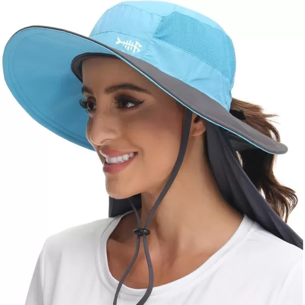 BASSDASH Women UPF 50 Sun Hat with Ponytail Hole Neck Flap Water Resistant Fishing OutdoorLight BlueDark Grey