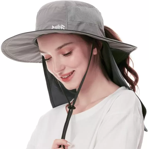 BASSDASH Women UPF 50 Sun Hat with Ponytail Hole Neck Flap Water Resistant Fishing OutdoorLight GreyDark Grey