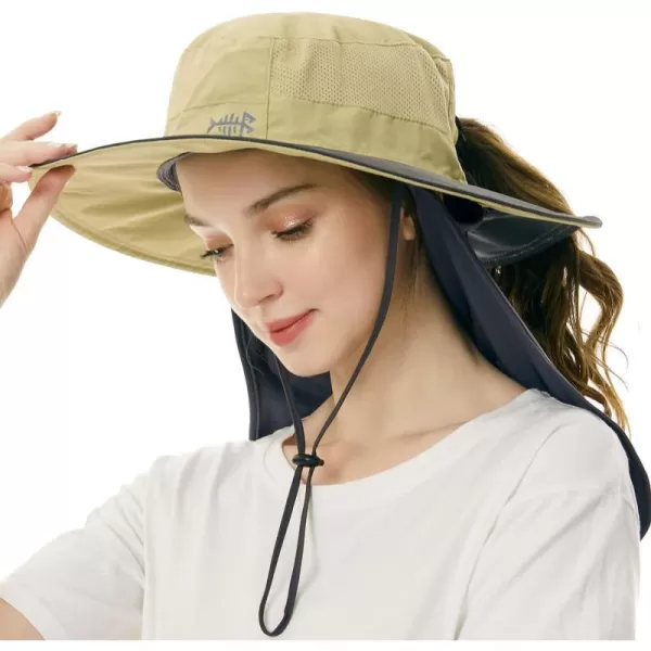 BASSDASH Women UPF 50 Sun Hat with Ponytail Hole Neck Flap Water Resistant Fishing OutdoorLight KhakiDark Grey