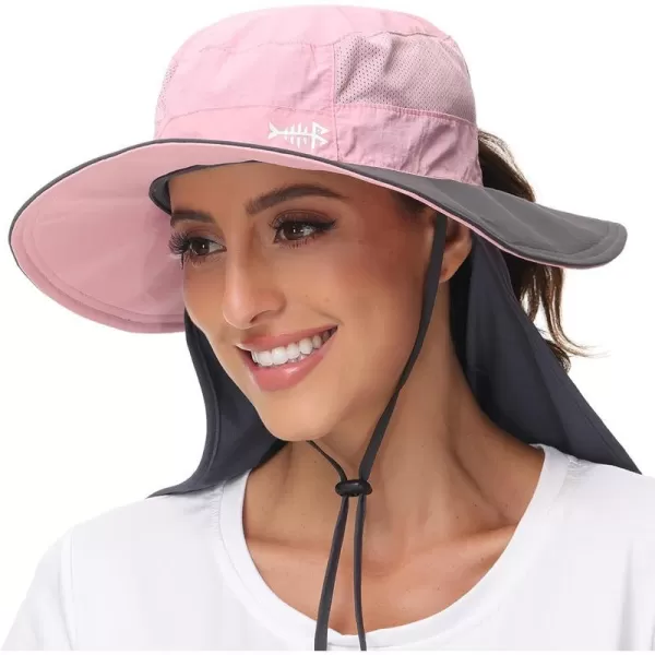 BASSDASH Women UPF 50 Sun Hat with Ponytail Hole Neck Flap Water Resistant Fishing OutdoorLight PinkDark Grey