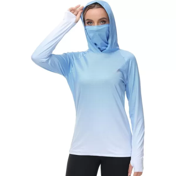 BASSDASH Womens Fishing Hoodie Shirt With Face Mask Thumb Holes UPF 50 FS23WSky Blue Spot Gradient