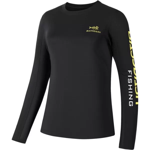 BASSDASH Womens UPF 50 UV Sun Protection Long Sleeve Shirts Quick Dry TShirt for Fishing Hiking KayakingBlackYellow Logo