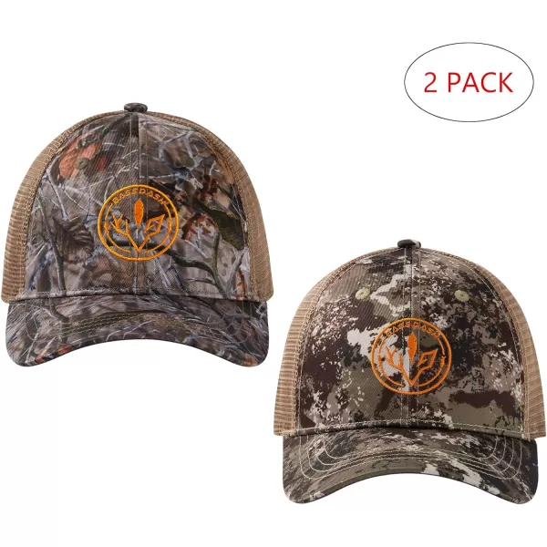 BASSDASH 2 Pack Altimate Fishing Hunting Hat Mesh Back for Men Women Adjustable Baseball Trucker Cap Camo Blaze OrangeAutumn Forest  Grunge Camo