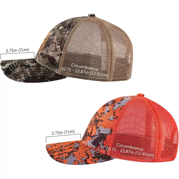BASSDASH 2 Pack Altimate Fishing Hunting Hat Mesh Back for Men Women Adjustable Baseball Trucker Cap Camo Blaze OrangeGrunge Camo  Blaze Camo