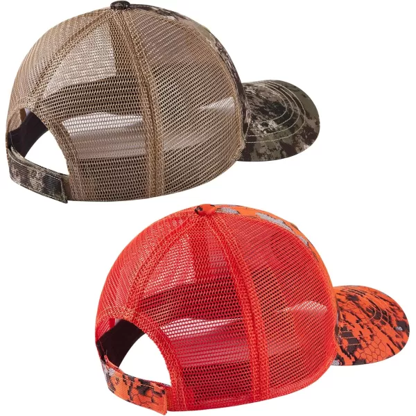 BASSDASH 2 Pack Altimate Fishing Hunting Hat Mesh Back for Men Women Adjustable Baseball Trucker Cap Camo Blaze OrangeGrunge Camo  Blaze Camo