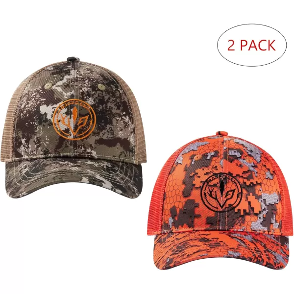 BASSDASH 2 Pack Altimate Fishing Hunting Hat Mesh Back for Men Women Adjustable Baseball Trucker Cap Camo Blaze OrangeGrunge Camo  Blaze Camo