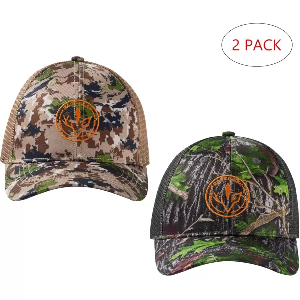 BASSDASH 2 Pack Altimate Fishing Hunting Hat Mesh Back for Men Women Adjustable Baseball Trucker Cap Camo Blaze OrangeHighland  Green Leaf