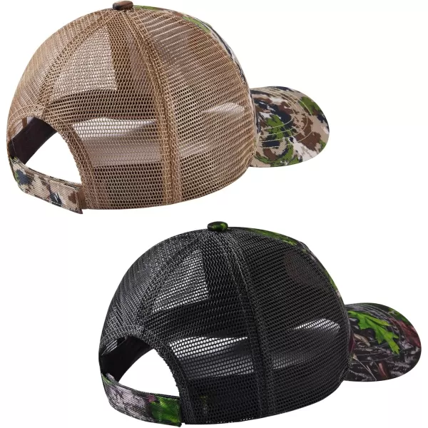 BASSDASH 2 Pack Altimate Fishing Hunting Hat Mesh Back for Men Women Adjustable Baseball Trucker Cap Camo Blaze OrangeHighland  Green Leaf