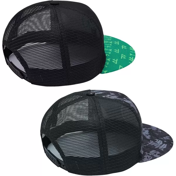 BASSDASH 2 Pack Flat Brim Trucker Cap Adjustable Snapback Hat Mesh Back for Men Women Fishing HuntingGreen and Black  Night Digital Camo