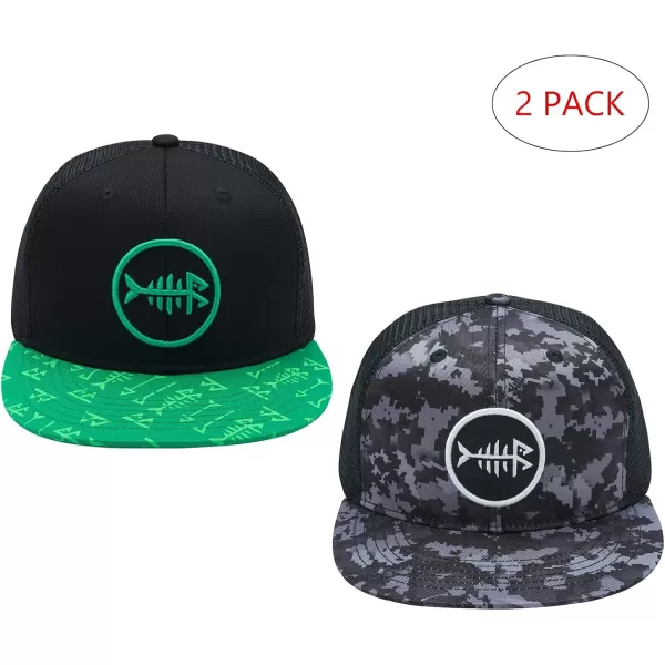 BASSDASH 2 Pack Flat Brim Trucker Cap Adjustable Snapback Hat Mesh Back for Men Women Fishing HuntingGreen and Black  Night Digital Camo