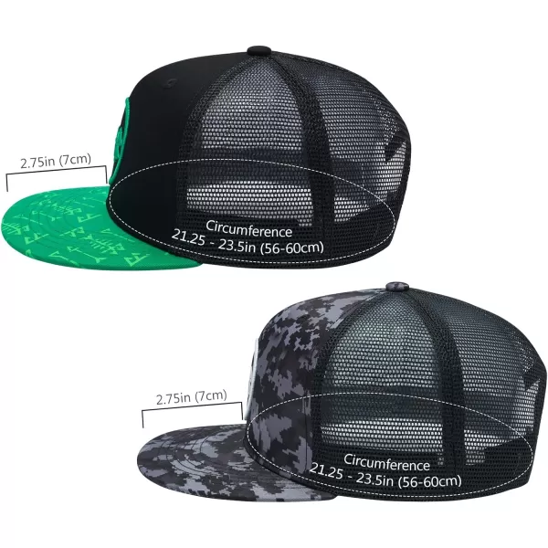 BASSDASH 2 Pack Flat Brim Trucker Cap Adjustable Snapback Hat Mesh Back for Men Women Fishing HuntingGreen and Black  Night Digital Camo