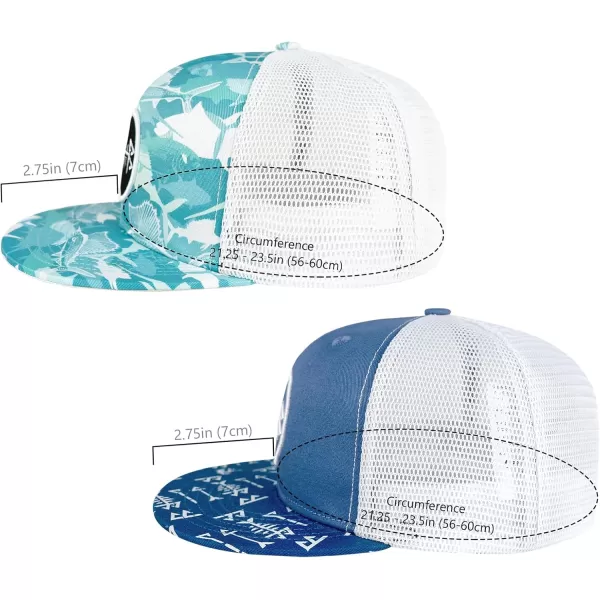 BASSDASH 2 Pack Flat Brim Trucker Cap Adjustable Snapback Hat Mesh Back for Men Women Fishing HuntingPack of 2  Blue  Fish Camo