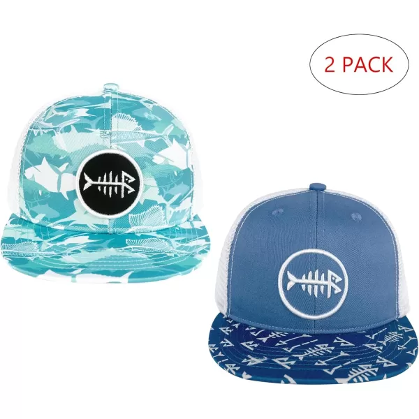 BASSDASH 2 Pack Flat Brim Trucker Cap Adjustable Snapback Hat Mesh Back for Men Women Fishing HuntingPack of 2  Blue  Fish Camo