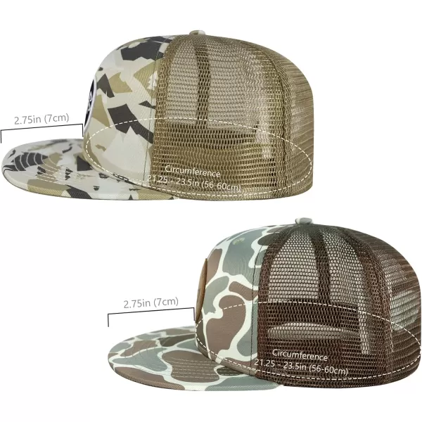 BASSDASH 2 Pack Flat Brim Trucker Cap Adjustable Snapback Hat Mesh Back for Men Women Fishing HuntingPack of 2  Mountain Camo  Color Block Camo