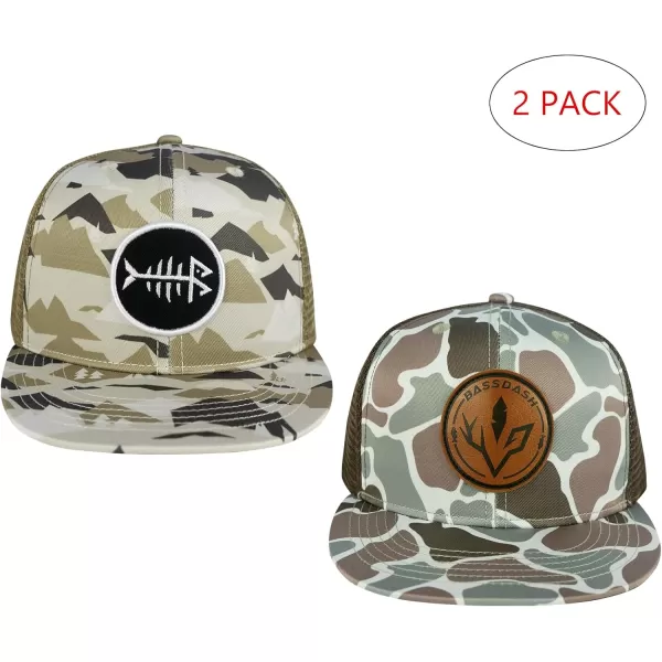 BASSDASH 2 Pack Flat Brim Trucker Cap Adjustable Snapback Hat Mesh Back for Men Women Fishing HuntingPack of 2  Mountain Camo  Color Block Camo