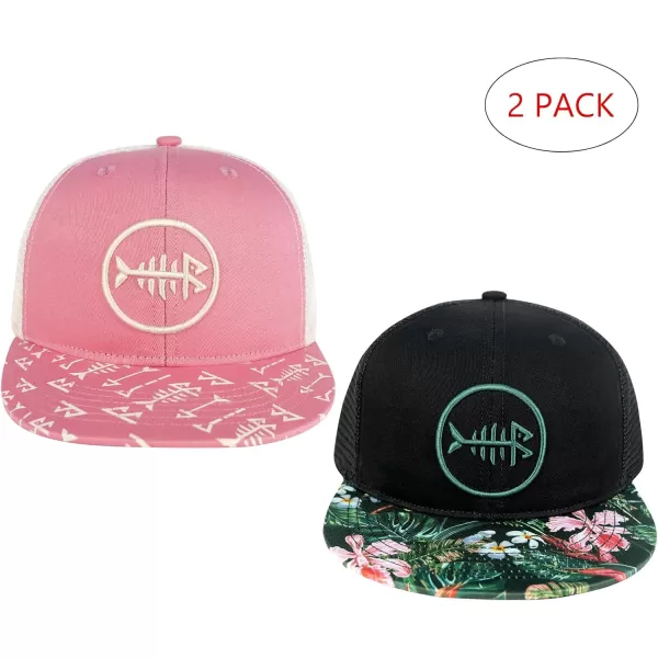 BASSDASH 2 Pack Flat Brim Trucker Cap Adjustable Snapback Hat Mesh Back for Men Women Fishing HuntingPack of 2  Pink  BlackTropical Flower