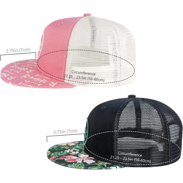 BASSDASH 2 Pack Flat Brim Trucker Cap Adjustable Snapback Hat Mesh Back for Men Women Fishing HuntingPack of 2  Pink  BlackTropical Flower