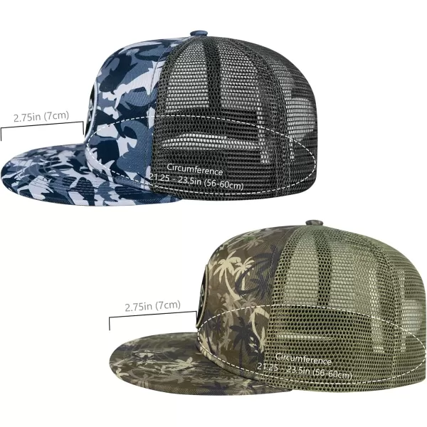 BASSDASH 2 Pack Flat Brim Trucker Cap Adjustable Snapback Hat Mesh Back for Men Women Fishing HuntingPack of 2  Shark Camo  Palm Tree Camo