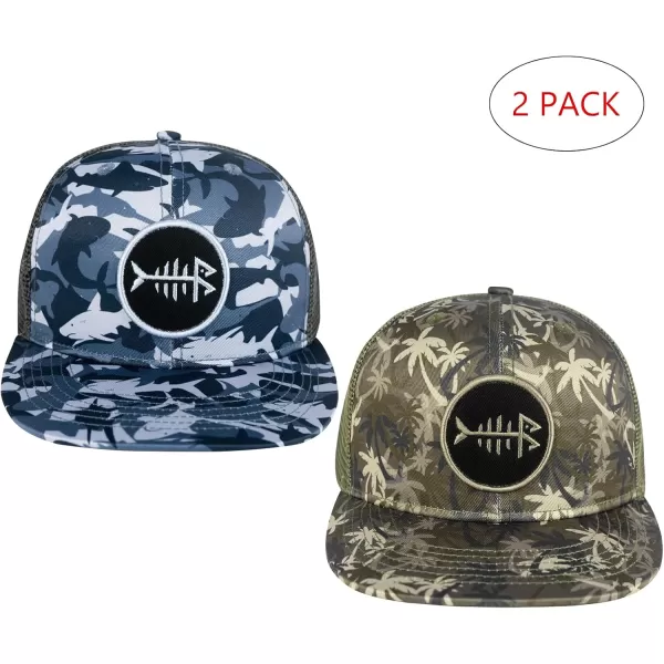 BASSDASH 2 Pack Flat Brim Trucker Cap Adjustable Snapback Hat Mesh Back for Men Women Fishing HuntingPack of 2  Shark Camo  Palm Tree Camo