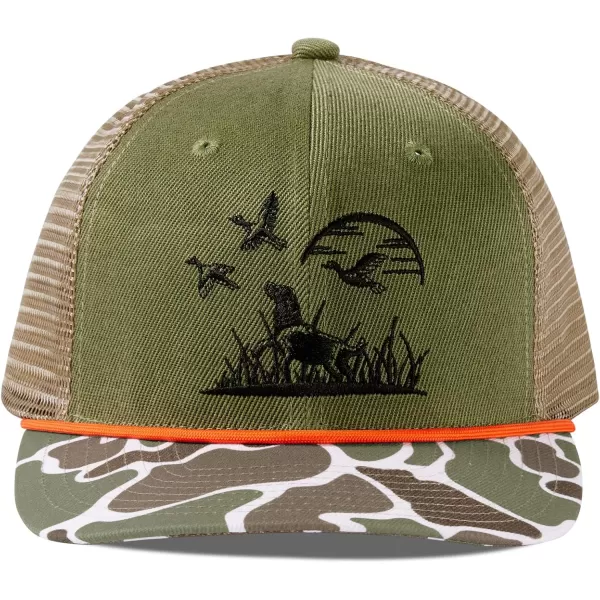 BASSDASH Camo Rope Trucker Hat Adjustable Embroidered Baseball Cap Mesh Back for Duck Deer Hunting Fly Fishing CampingArmy GreenDog  Duck