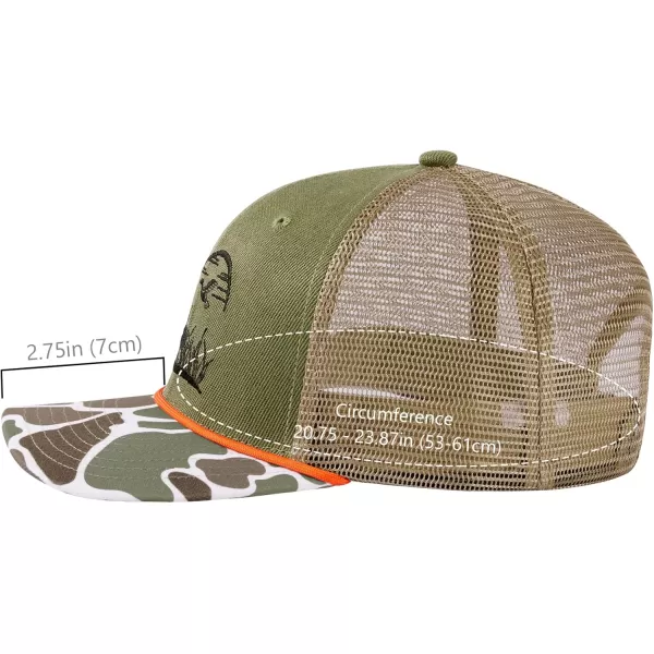 BASSDASH Camo Rope Trucker Hat Adjustable Embroidered Baseball Cap Mesh Back for Duck Deer Hunting Fly Fishing CampingArmy GreenDog  Duck