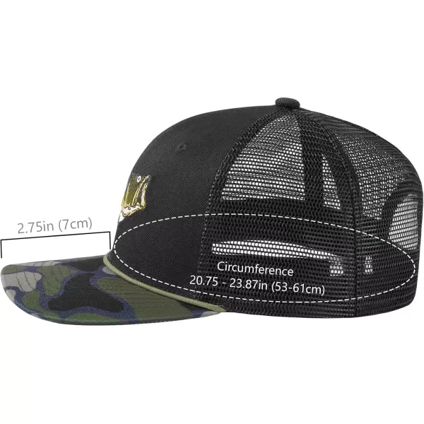 BASSDASH Camo Rope Trucker Hat Adjustable Embroidered Baseball Cap Mesh Back for Duck Deer Hunting Fly Fishing CampingBlackLargemouth Bass