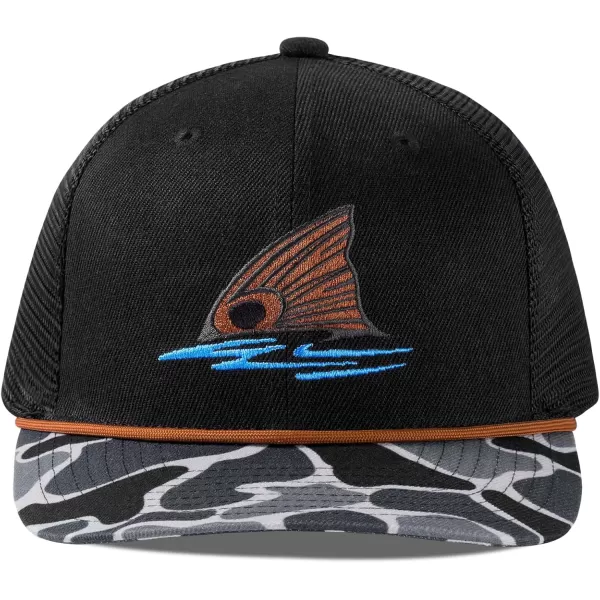 BASSDASH Camo Rope Trucker Hat Adjustable Embroidered Baseball Cap Mesh Back for Duck Deer Hunting Fly Fishing CampingBlackRed Fish
