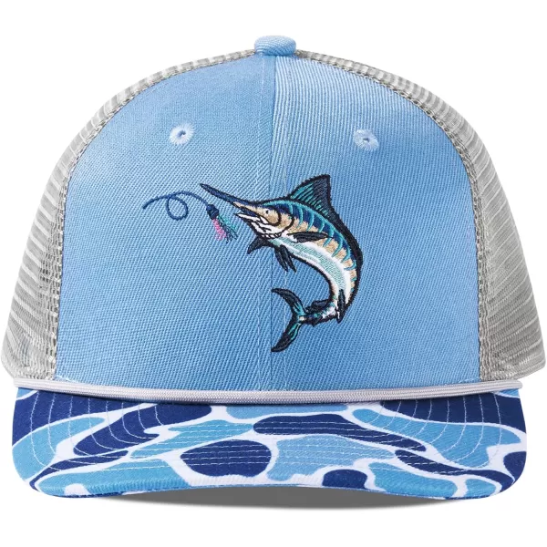 BASSDASH Camo Rope Trucker Hat Adjustable Embroidered Baseball Cap Mesh Back for Duck Deer Hunting Fly Fishing CampingBlueJumping Marlin