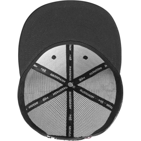 BASSDASH Flat Brim Trucker Cap Adjustable Snapback Hat Mesh Back for Men WomenBlack Fish Maple Flag