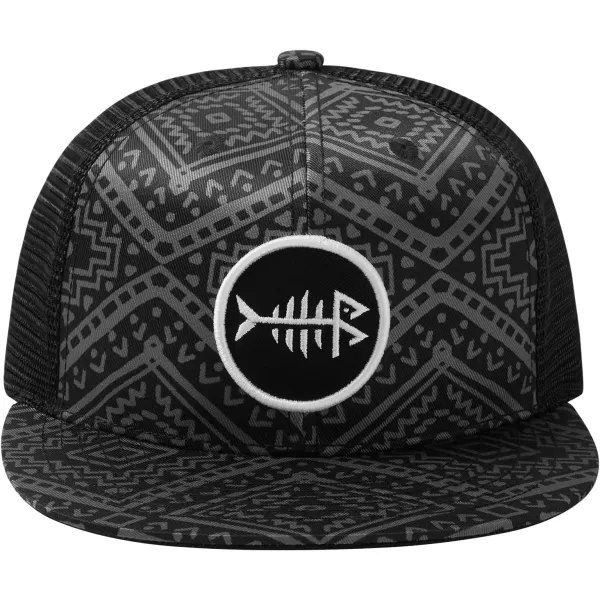 BASSDASH Flat Brim Trucker Cap Adjustable Snapback Hat Mesh Back for Men WomenBlack Geometry