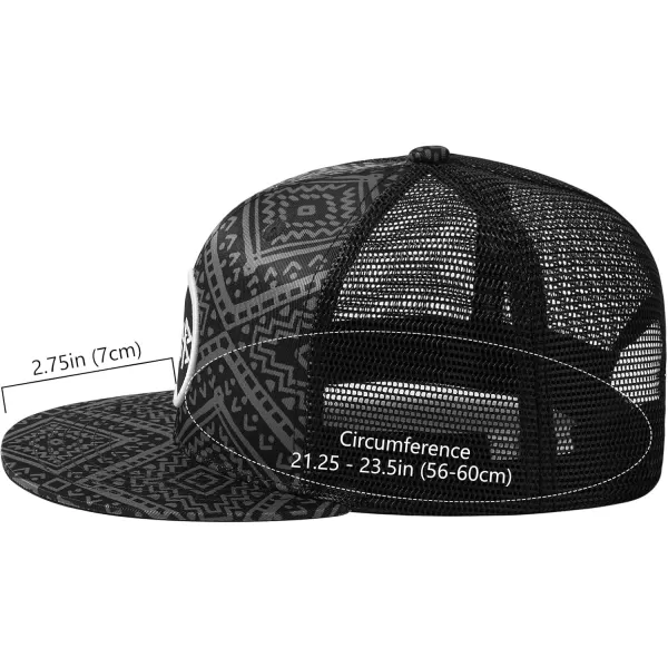 BASSDASH Flat Brim Trucker Cap Adjustable Snapback Hat Mesh Back for Men WomenBlack Geometry