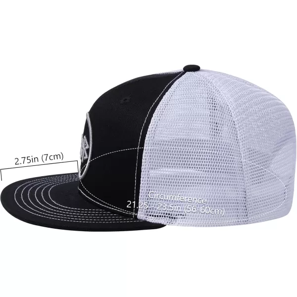 BASSDASH Flat Brim Trucker Cap Adjustable Snapback Hat Mesh Back for Men WomenBlack and White