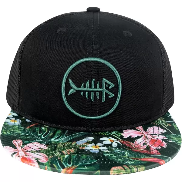 BASSDASH Flat Brim Trucker Cap Adjustable Snapback Hat Mesh Back for Men WomenBlackTropical Flower