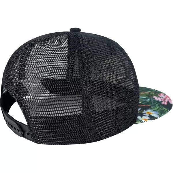 BASSDASH Flat Brim Trucker Cap Adjustable Snapback Hat Mesh Back for Men WomenBlackTropical Flower