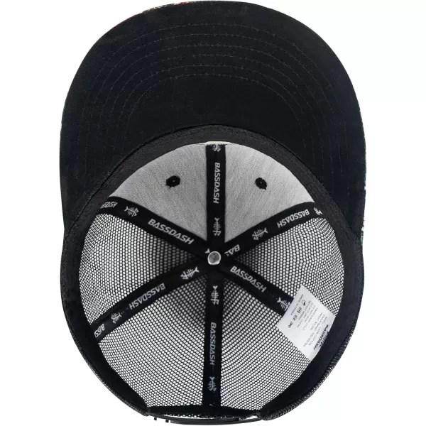 BASSDASH Flat Brim Trucker Cap Adjustable Snapback Hat Mesh Back for Men WomenBlackTropical Flower