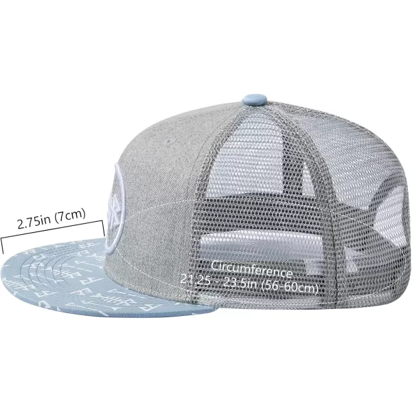 BASSDASH Flat Brim Trucker Cap Adjustable Snapback Hat Mesh Back for Men WomenHeather Grey and Blue