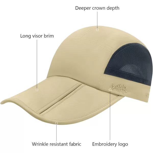 BASSDASH Folding Fishing Baseball Cap UPF 50 Water Resistant Outdoor Portable Brim Hats for Women Men Hiking AdjustableLight Khaki
