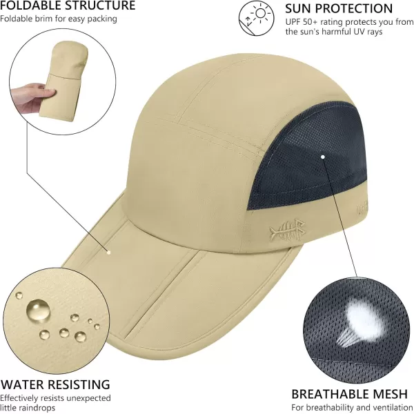 BASSDASH Folding Fishing Baseball Cap UPF 50 Water Resistant Outdoor Portable Brim Hats for Women Men Hiking AdjustableLight Khaki