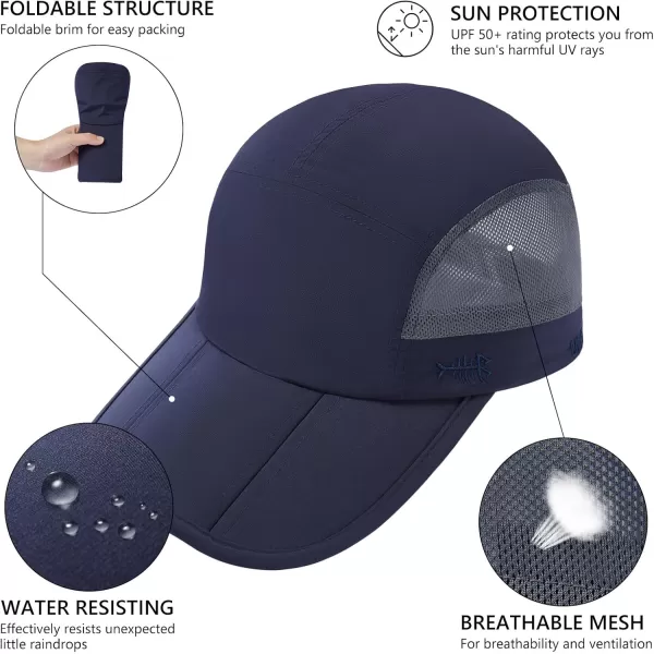 BASSDASH Folding Fishing Baseball Cap UPF 50 Water Resistant Outdoor Portable Brim Hats for Women Men Hiking AdjustableNavy Blue