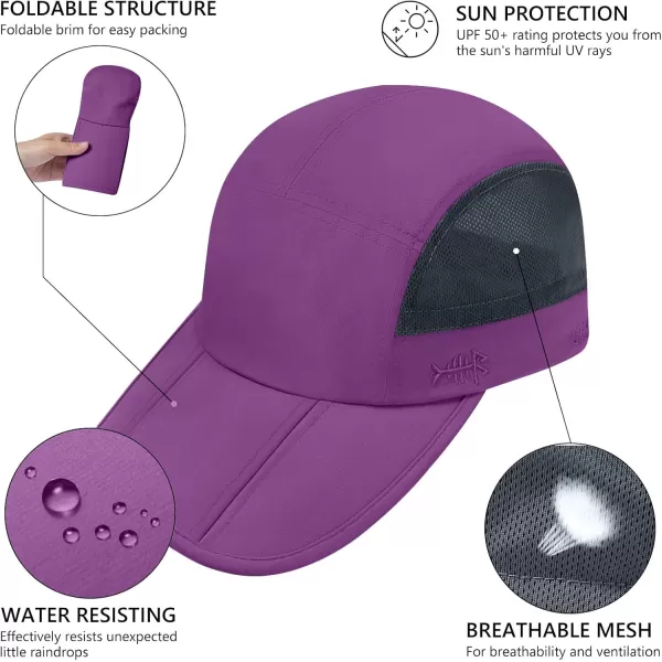 BASSDASH Folding Fishing Baseball Cap UPF 50 Water Resistant Outdoor Portable Brim Hats for Women Men Hiking AdjustablePurple