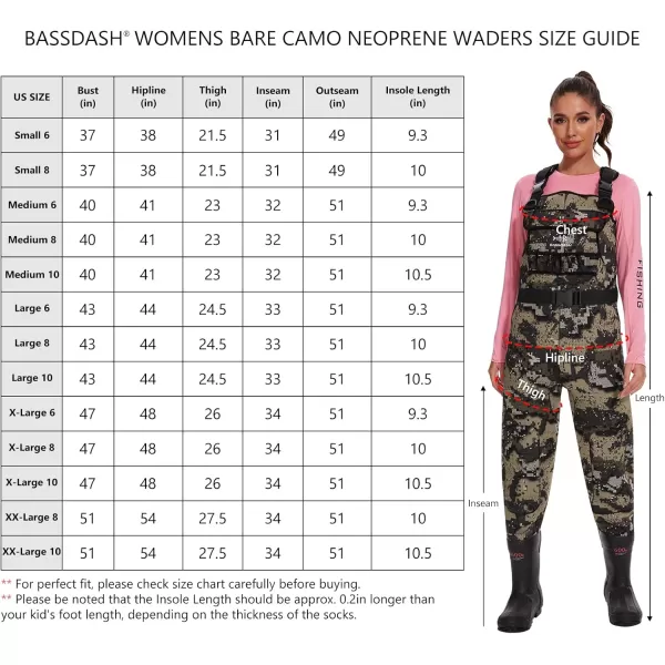 BASSDASH Women Neoprene Chest Waders Desolve Bare Camo for Fishing Hunting with 600 Grams Insulated Rubber Boot FootBoot Foot  Bare Camo